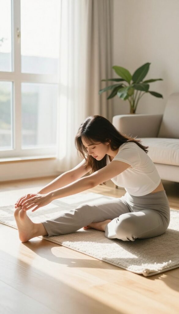 Woman stretching in sunlit living room