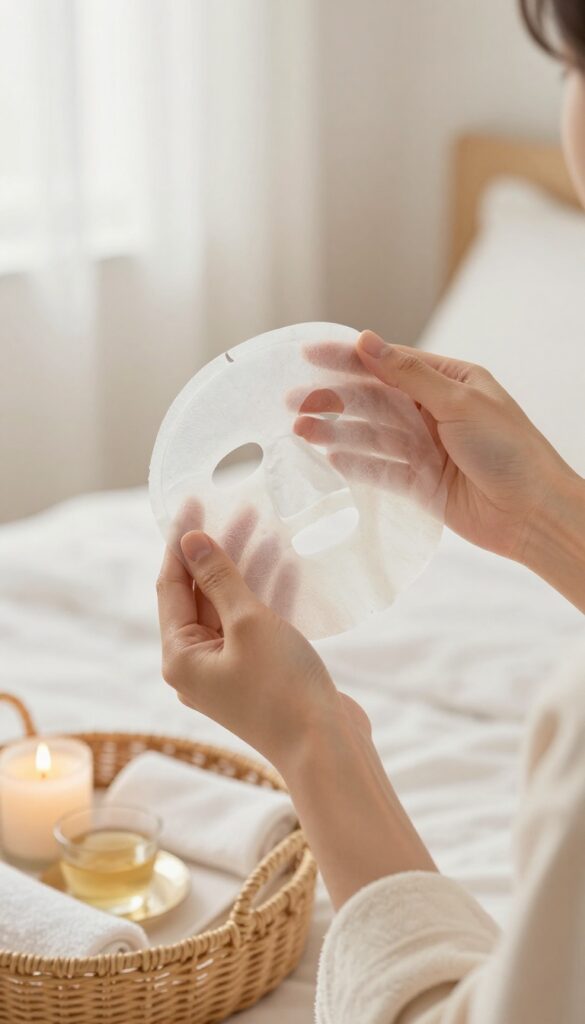 Woman applying a sheet mask in a cozy bedroom with candlelight and self-care basket