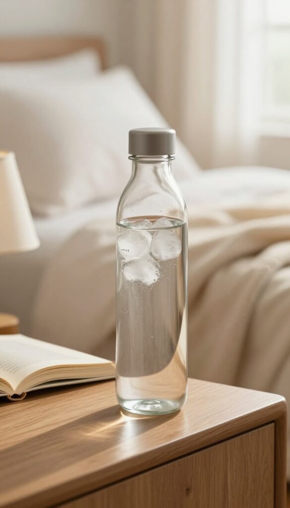 A glass water bottle with time markers on a nightstand with a lamp and book, cozy bedroom background