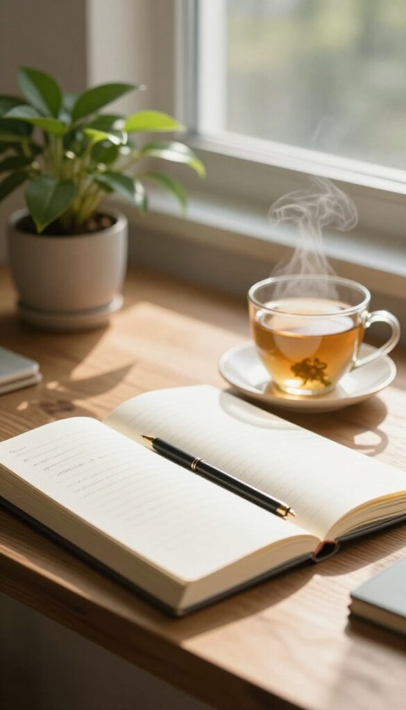 A journal and tea on a desk in a sunlit room, symbolizing monthly self-care reflection.