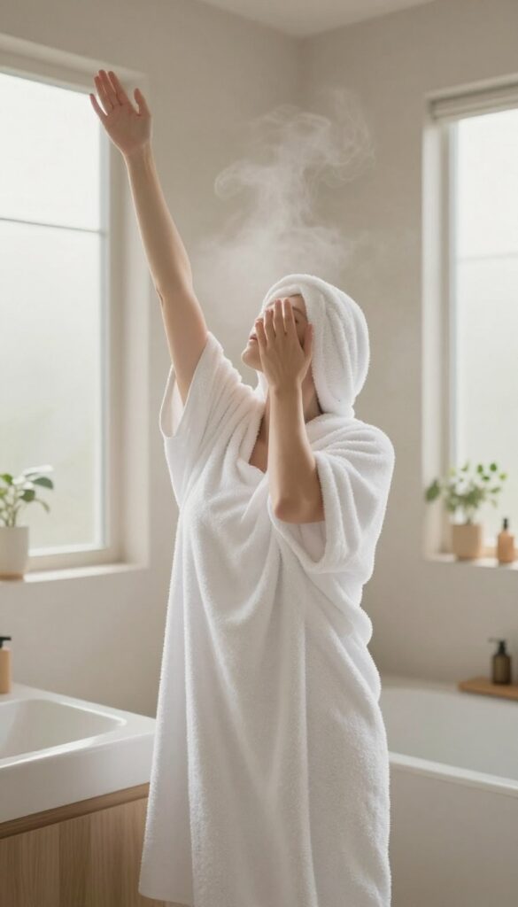 Person stretching after a shower in a bright bathroom