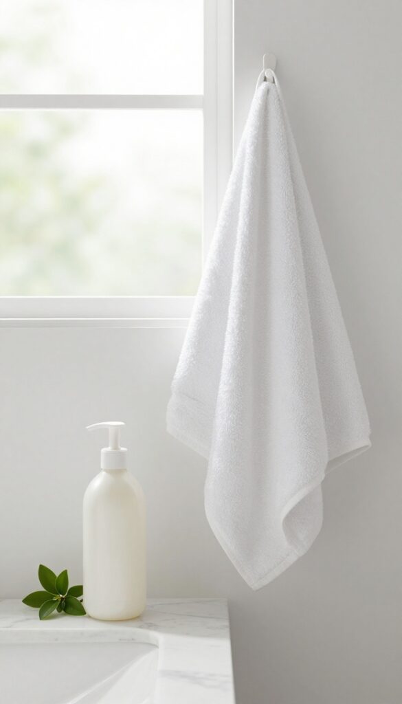 A serene bathroom setting with a moisturizing body wash bottle, soft towel, and plant in natural light.