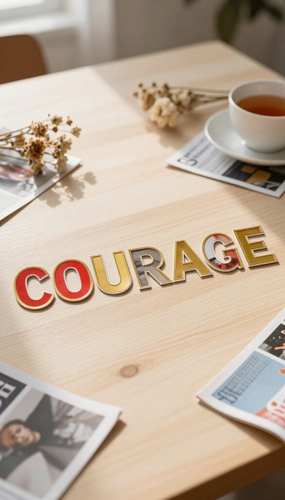 Vision board with the word 'COURAGE' in the center, surrounded by soft decor and natural light