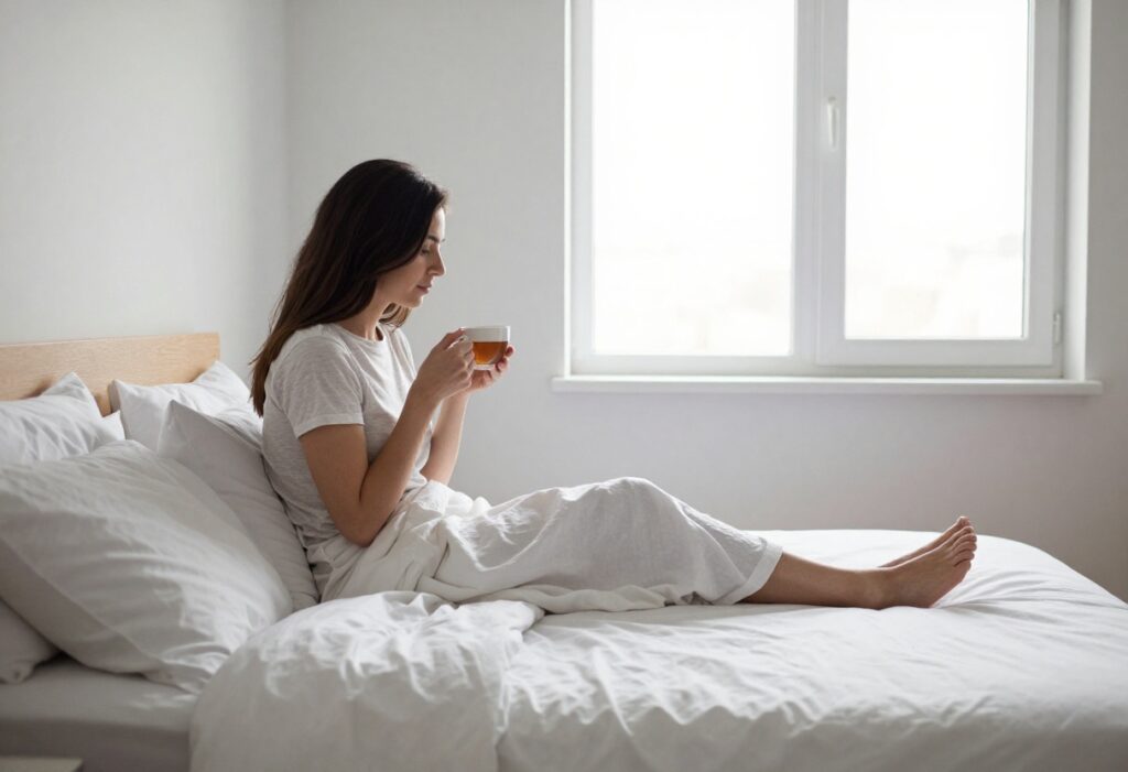 Person enjoying a peaceful morning with tea in a sunlit bedroom
