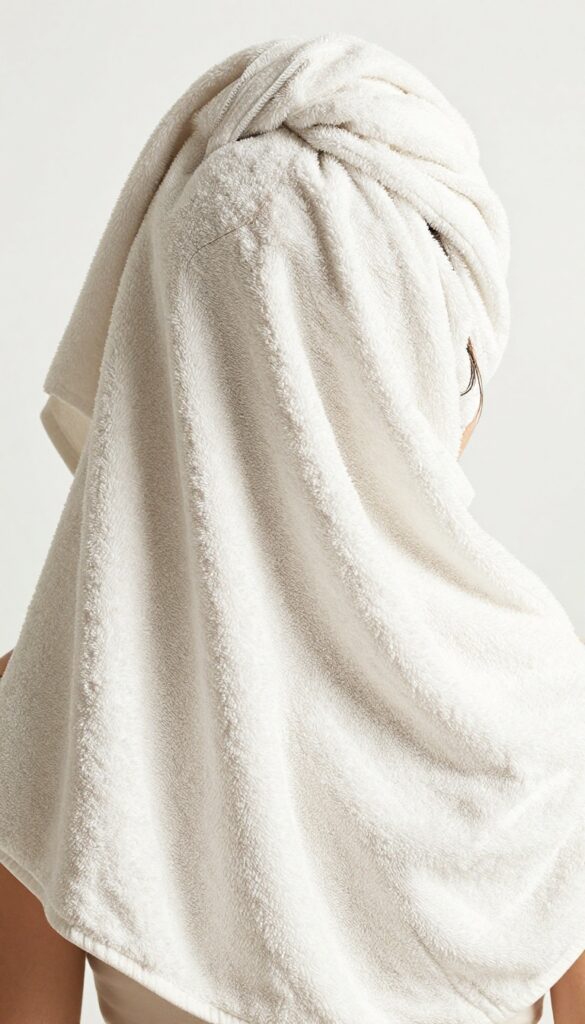 Woman wrapping wet hair in a soft microfiber towel turban after shower