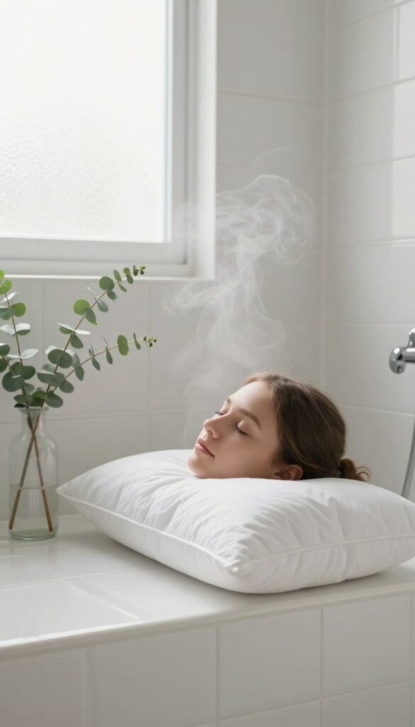 A person relaxing with a shower pillow in a bright, steam-filled bathroom.