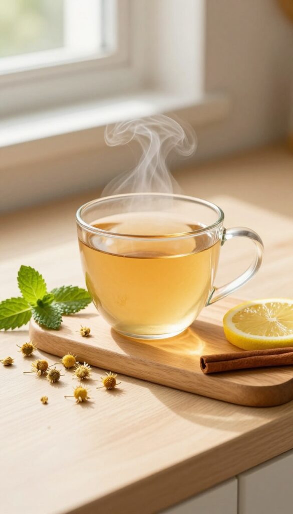 A warm mug of homemade herbal tea on a wooden counter with chamomile, mint, lemon, and cinnamon nearby