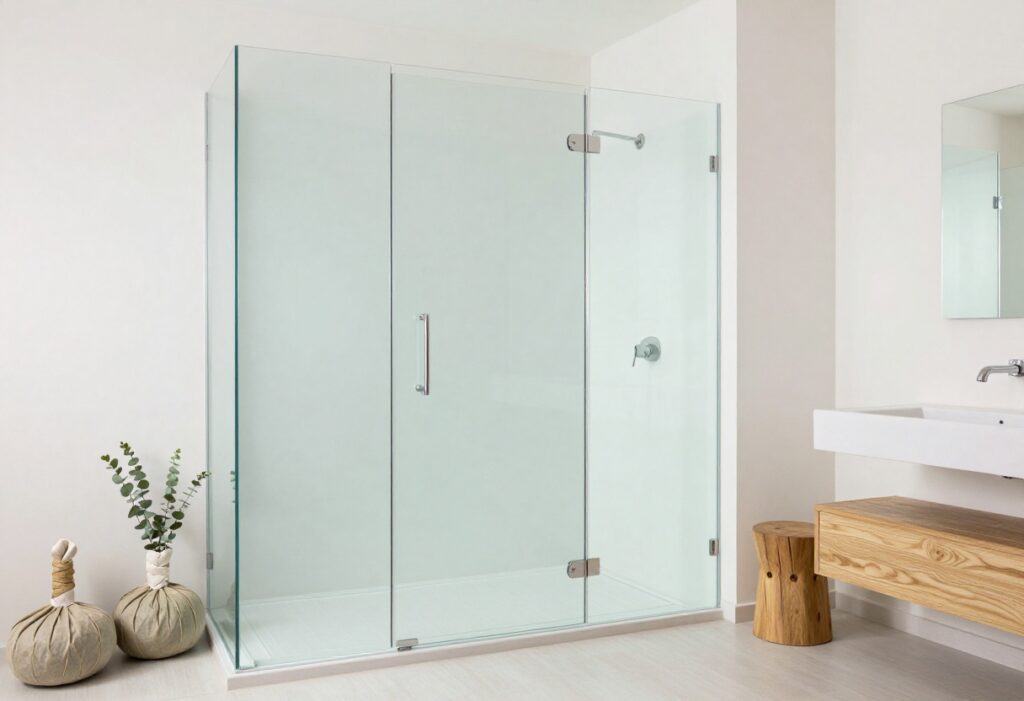 Modern shower with eucalyptus bundle and natural light