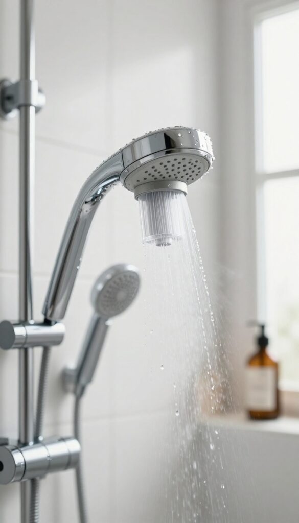 A chrome showerhead with a transparent water filter attachment, soft natural light, clean bathroom setting