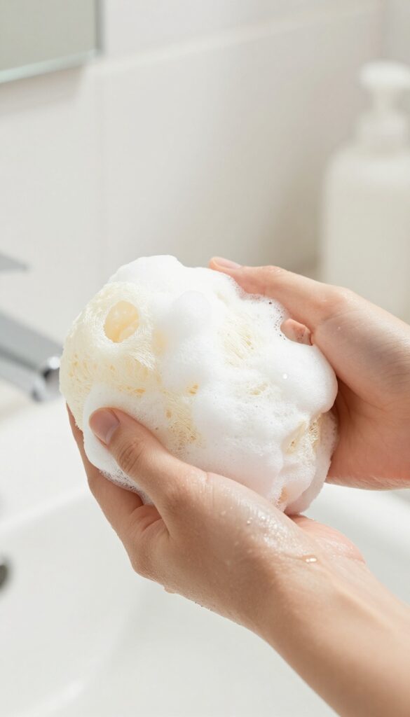 Person using a natural loofah in the shower with gentle lather and water droplets