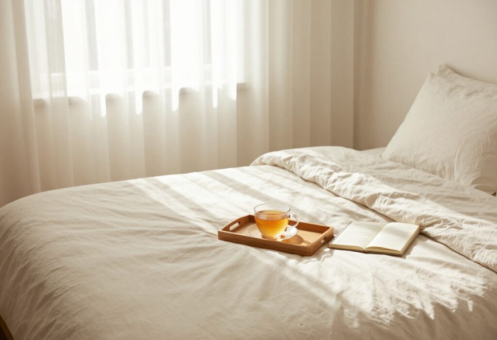 A peaceful bedroom with morning light, a journal, and a cup of tea on a tray