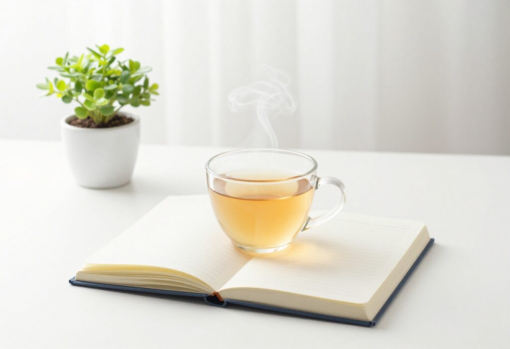A tidy desk with a journal, tea, and plant, representing organized self-care.