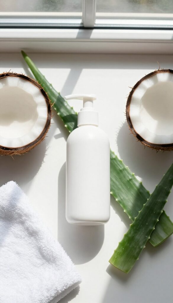 Sulfate-free shampoo bottle on bathroom counter with aloe vera and coconut