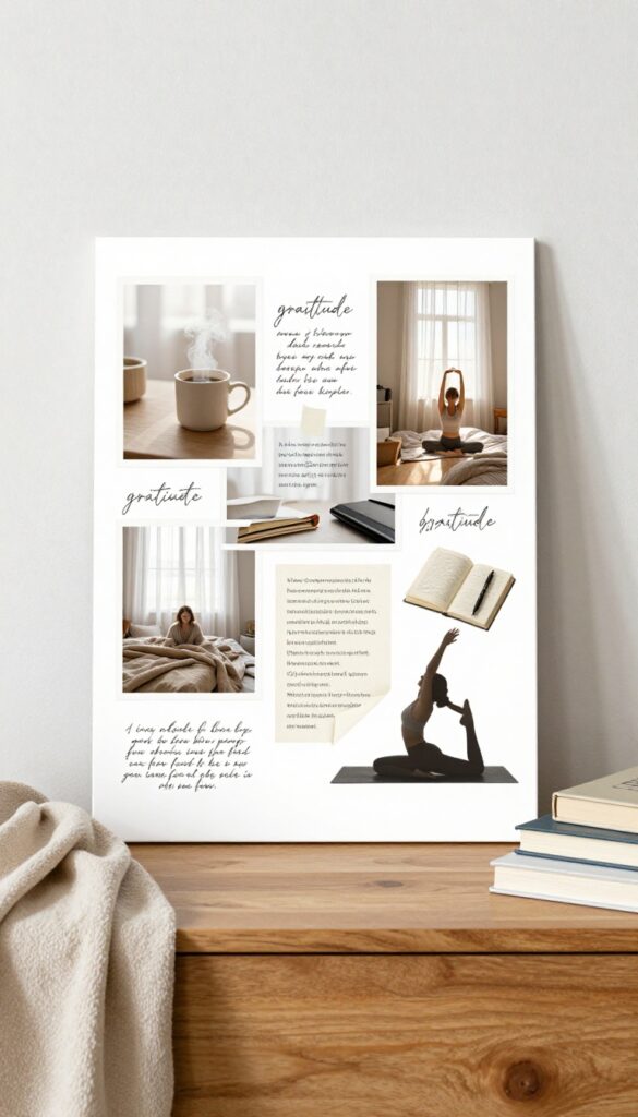 Morning routine vision board with images of sunlight, coffee, yoga, journal, and cozy blanket on a dresser