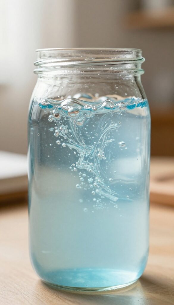 A person holding a clear glass calm-down jar filled with blue water and swirling glitter, with soft natural light in the background.