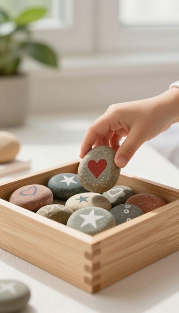 Child's hand placing a painted gratitude rock into a wooden box on a windowsill