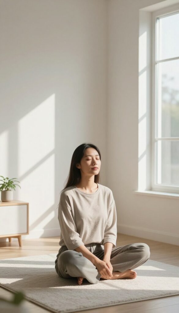 Person practicing deep breathing in a calm, sunlit room