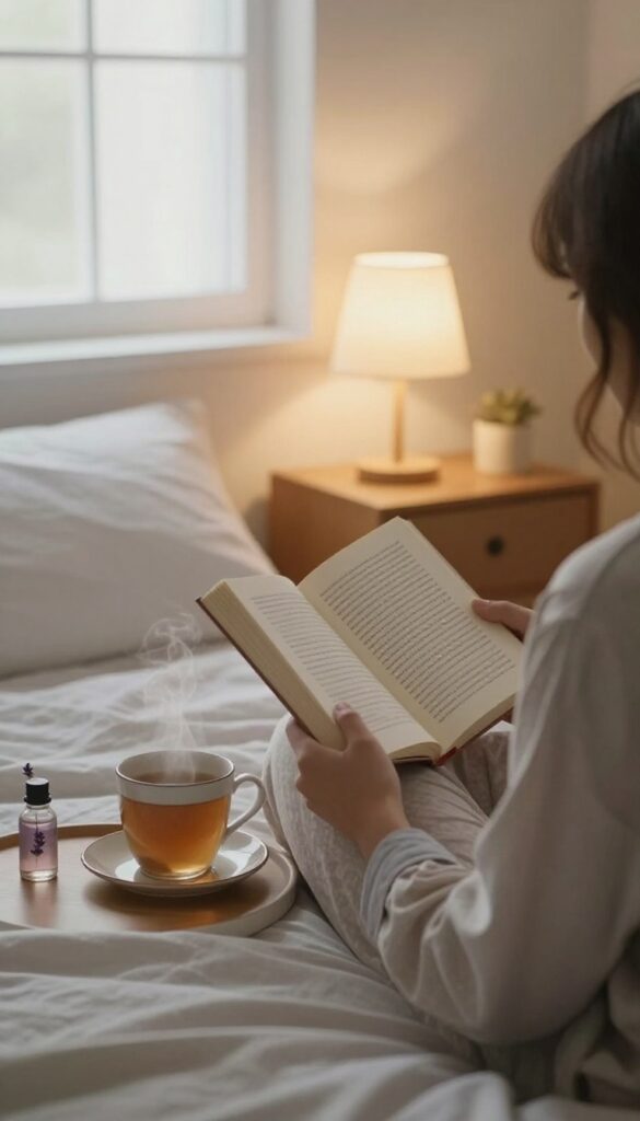 A person in cozy pajamas reading a book in bed with a warm drink and lavender oil, creating a calm bedtime ritual.