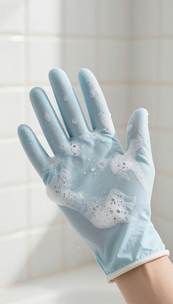 Exfoliating glove with soapy lather in a bright shower