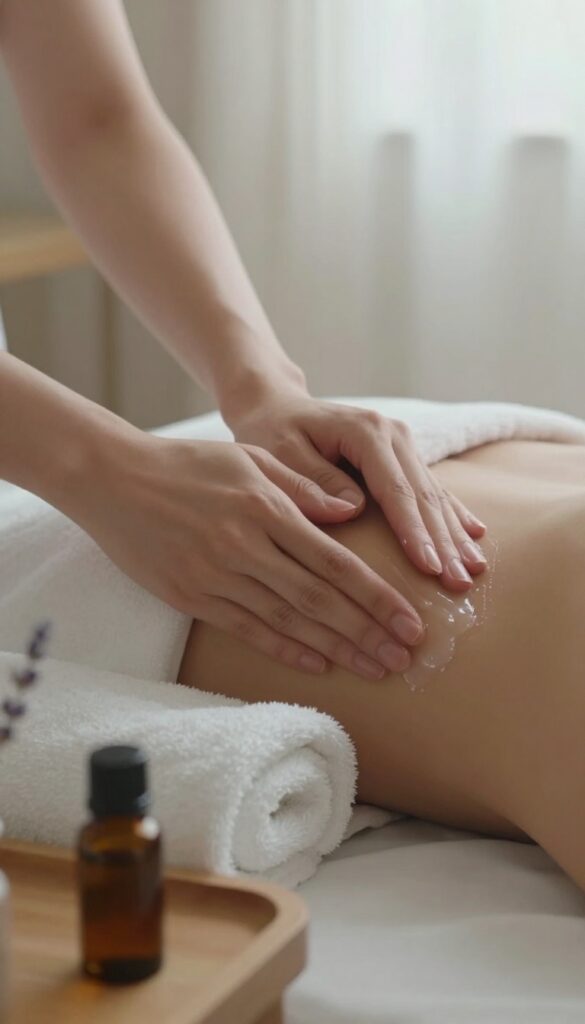 Woman massaging lotion into her hands on a wooden nightstand with lavender oil, warm evening light, serene self-care ritual.