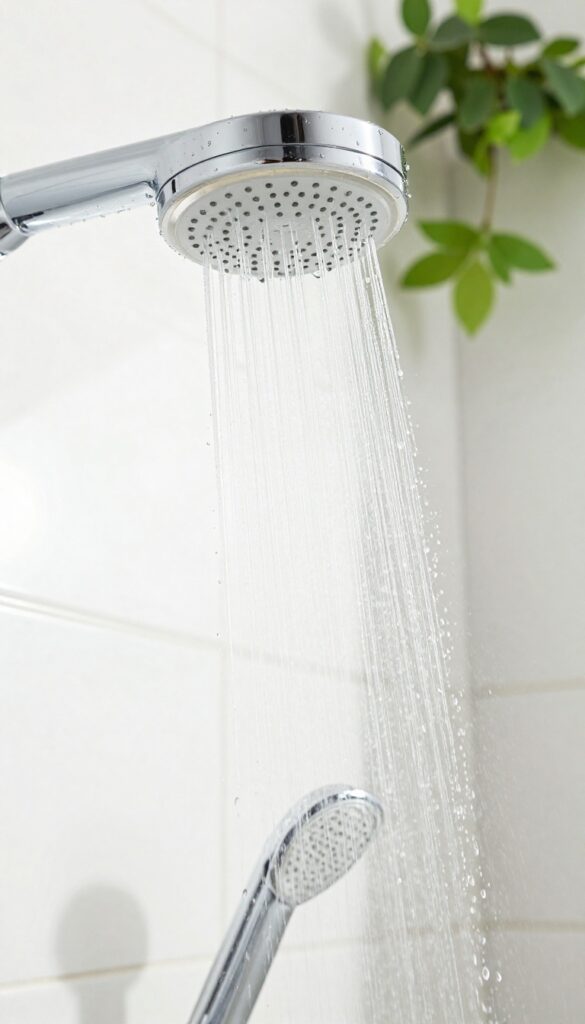 Close-up of a shower head with a water filter attachment, clean water droplets on skin, bright natural light, spa-like bathroom setting