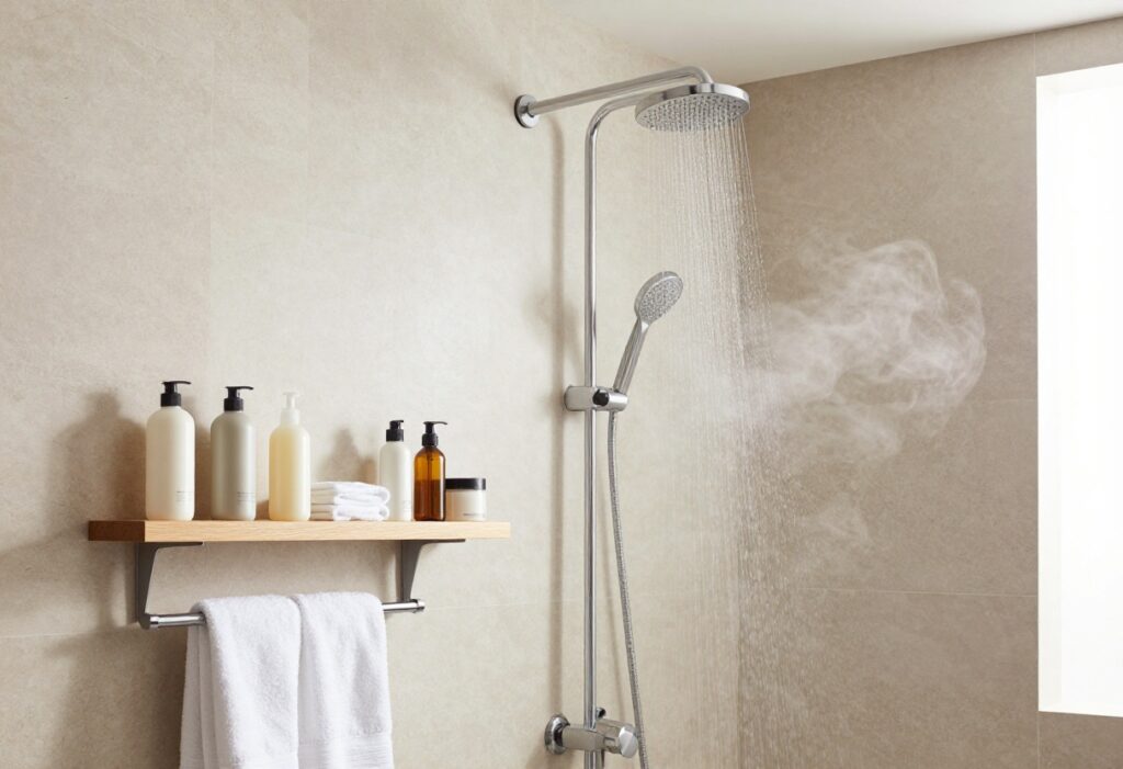 Modern bathroom shower with rainfall showerhead and neatly arranged shampoo and conditioner bottles on a shelf, steam rising, creating a spa-like atmosphere.