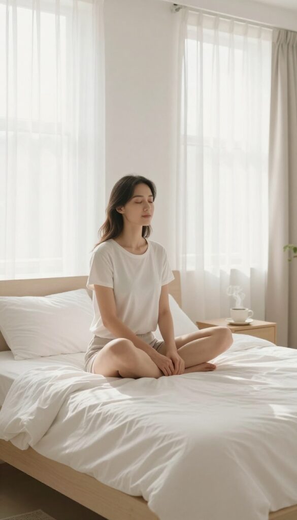 Woman meditating in bed at sunrise with coffee on nightstand, peaceful morning routine.