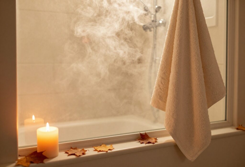Cozy fall bathroom with candlelit shower and autumn decor