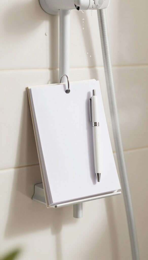 Waterproof notepad and pen in a shower caddy, steam rising, soft lighting, bathroom decor inspiration