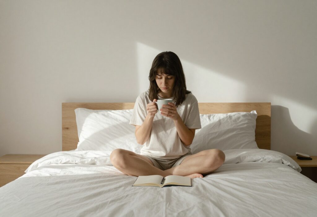 Person practicing morning self-care in a peaceful bedroom