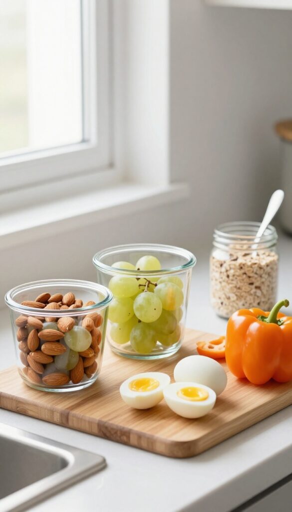 Meal prep containers with healthy snacks on a kitchen counter