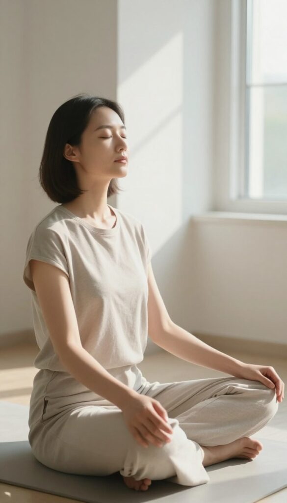 Person practicing deep breathing in a peaceful, sunlit room