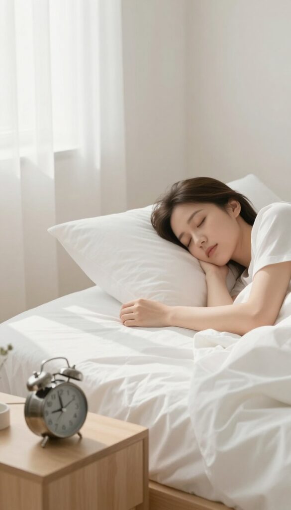 Woman waking up peacefully without a phone, analog alarm clock, soft morning light, minimalist bedroom