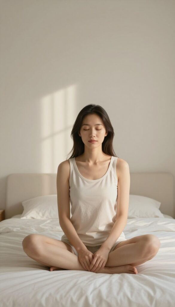 Woman doing two-minute breathing exercise on bed in calm bedroom