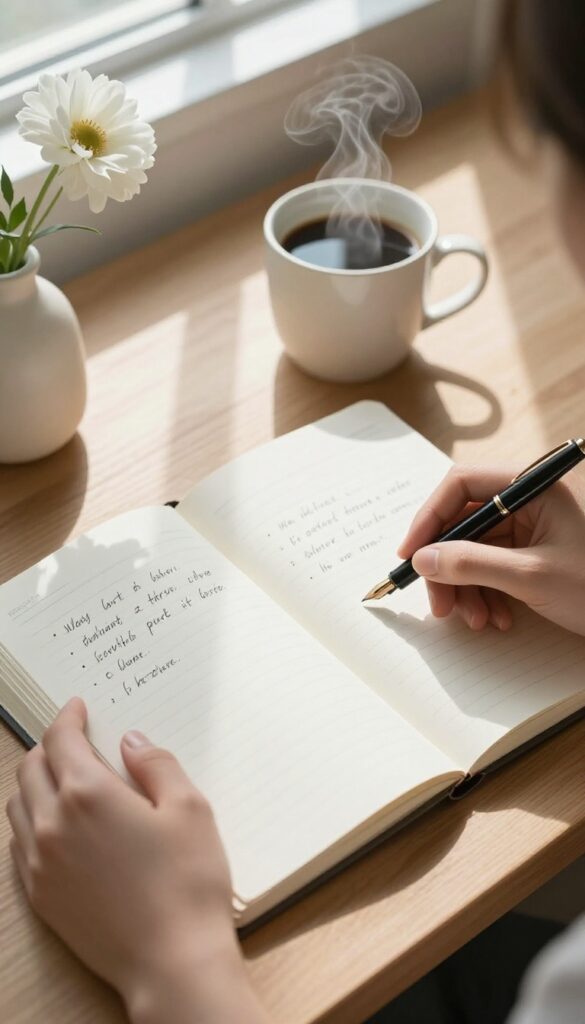 Journal with handwritten gratitude list on a wooden desk, coffee mug and flower nearby, soft morning light