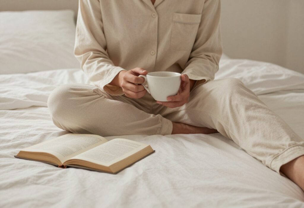 Person relaxing in bed with tea and a book during a self-care night routine