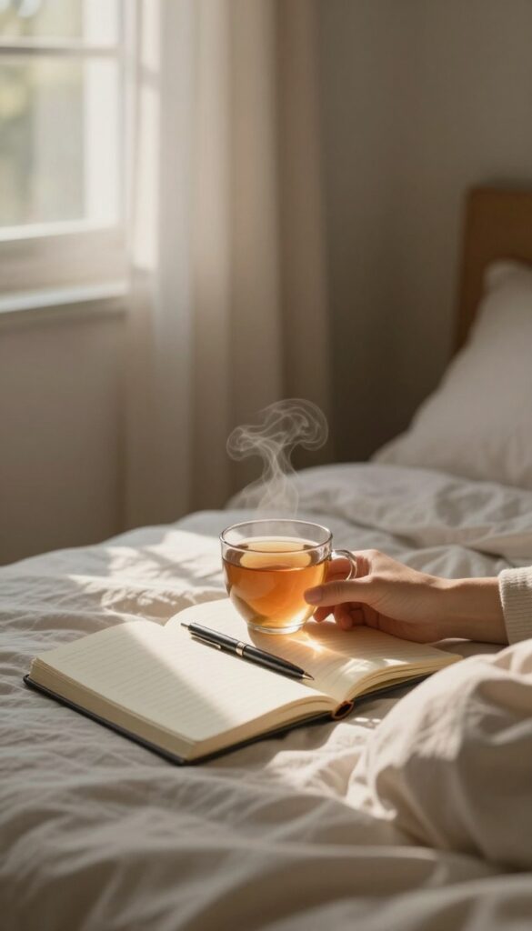 Woman reflecting with journal and tea on nightstand in cozy bedroom