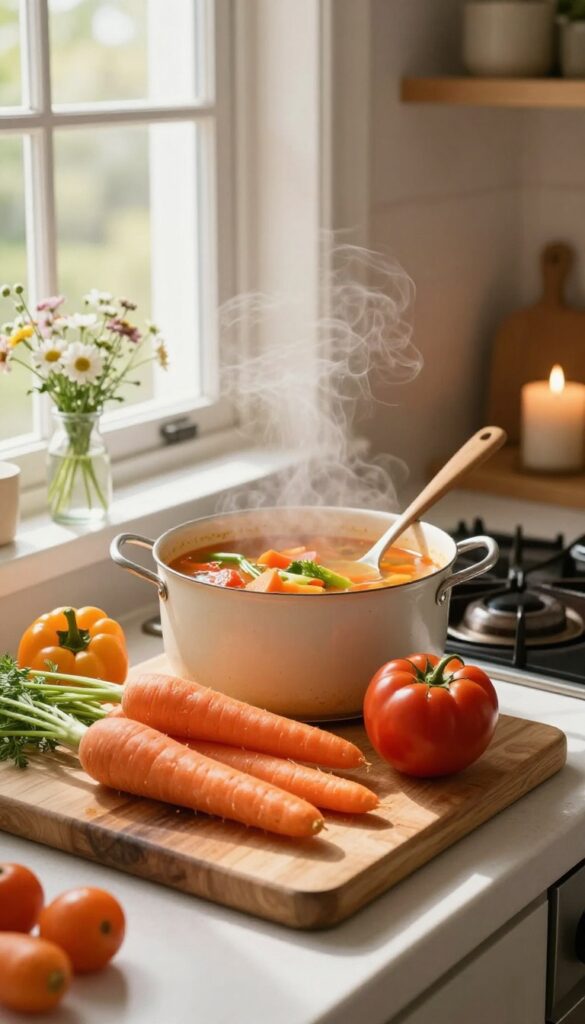 Cozy kitchen with fresh vegetables and a pot of soup, soft natural light, calm and inviting atmosphere