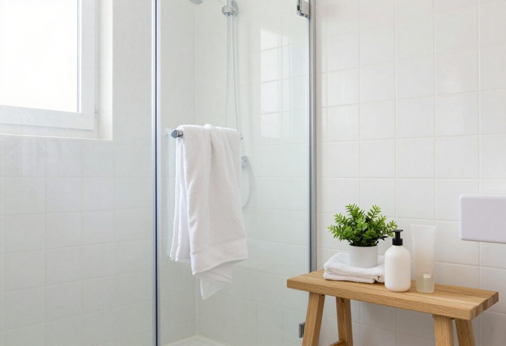 Minimalist bathroom with shower and skincare products for a clean girl routine