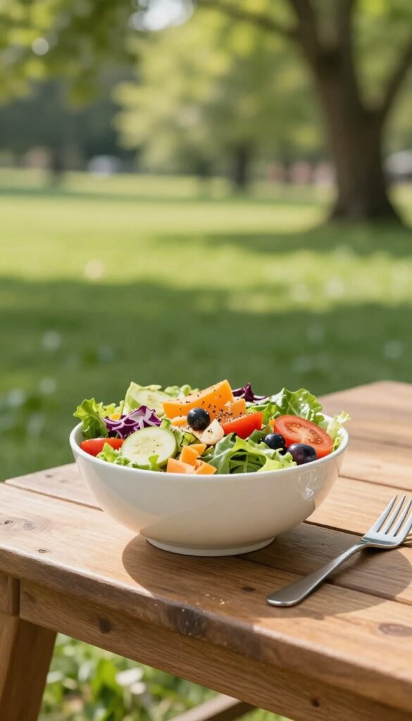 Colorful salad bowl on a wooden picnic table in a sunny park, fork beside it, soft natural light, bokeh background.