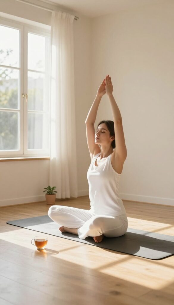 Woman doing gentle morning stretch in a bright, peaceful room