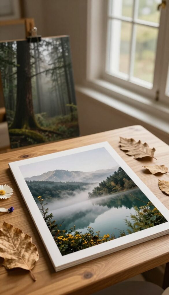 Nature therapy vision board with forest, lake, and mountain photos, dried leaves and pressed flowers, on a wooden desk in natural light