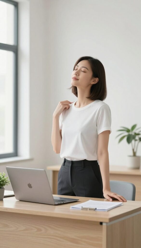 Woman stretching shoulders between meetings in a bright office