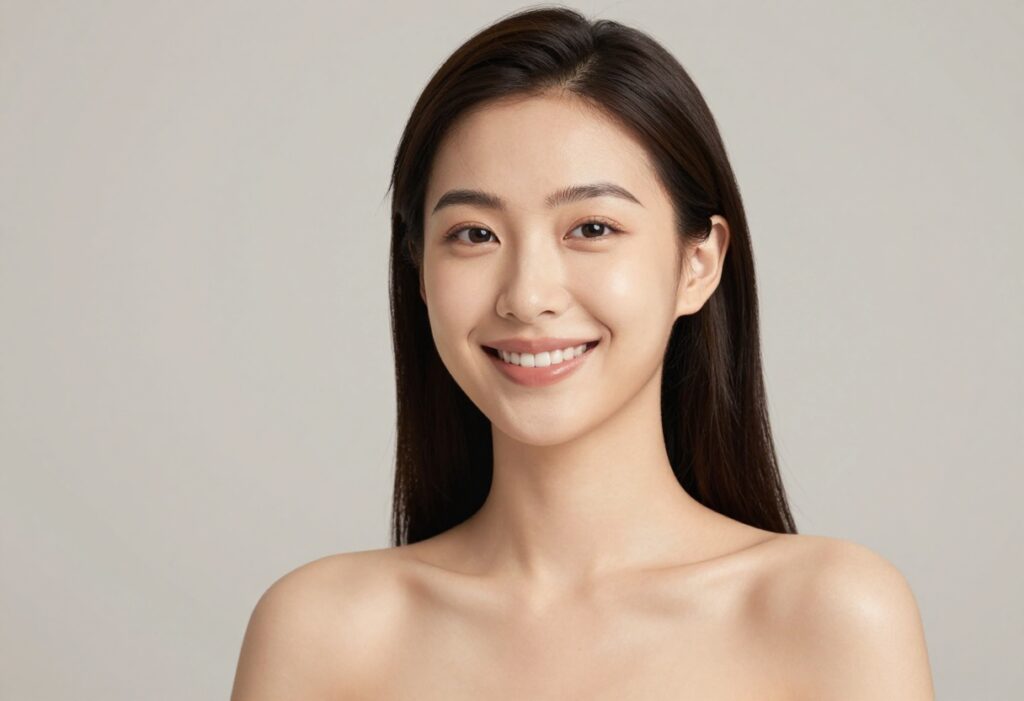 Person with soft, glowing skin smiling in natural light