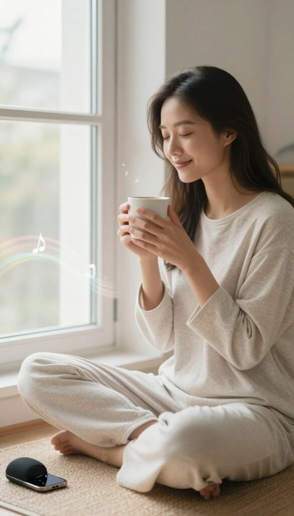 Woman enjoying uplifting music during morning routine with coffee