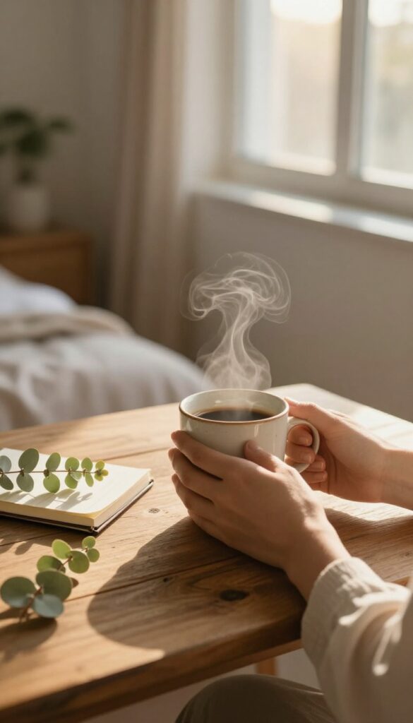 Woman holding a coffee mug in a sunlit morning setting with journal and eucalyptus