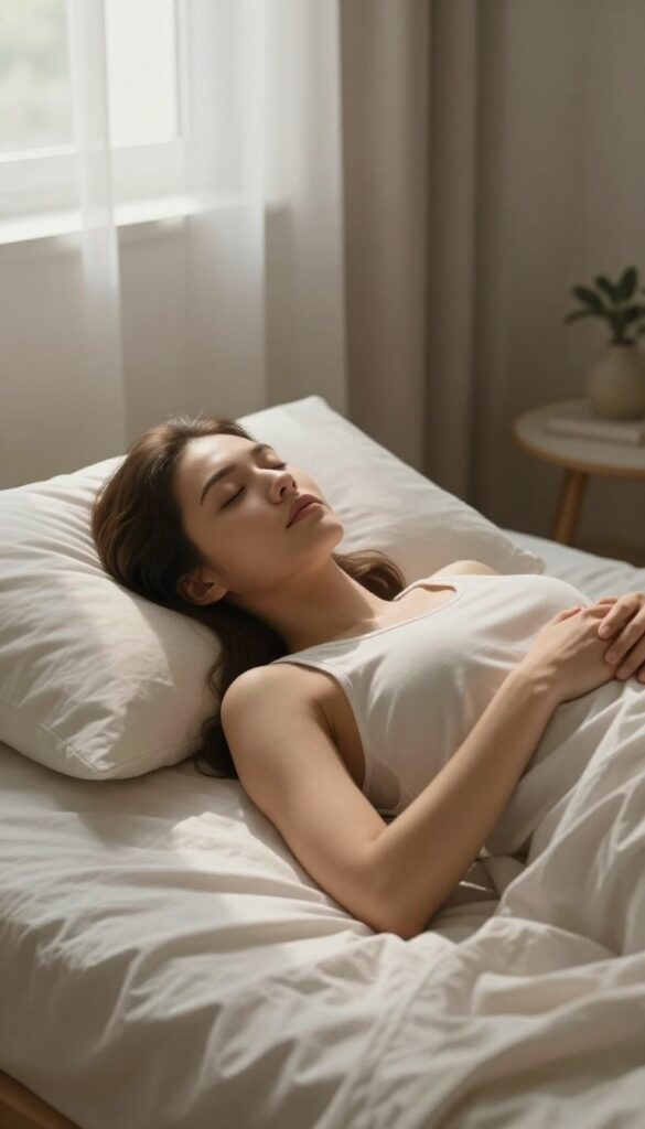 Woman doing a body scan meditation on a bed in a peaceful bedroom