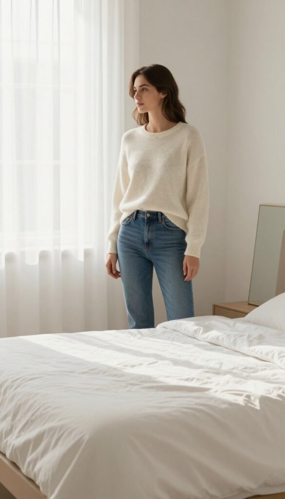 Woman in cozy sweater and jeans looking in mirror, bright bedroom with natural light