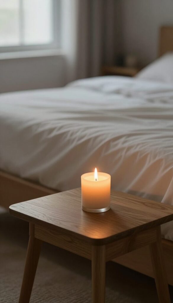 A lit candle on a nightstand in a dim, cozy bedroom, flame flickering, soft warm light, blurred bed in background.