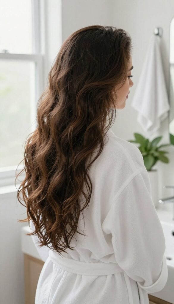 Woman air-drying her wavy hair in a bright, clean bathroom with natural light and a calm, spa-like atmosphere